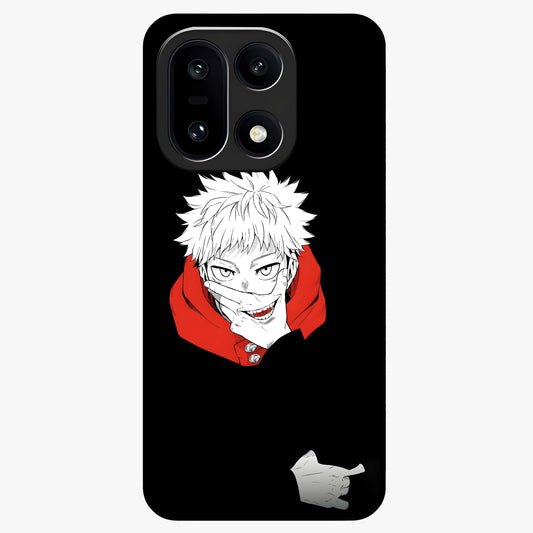 Crimson Chaos Smile Glass Case for 1+15 bold front view featuring edgy smile artwork in deep crimson tones