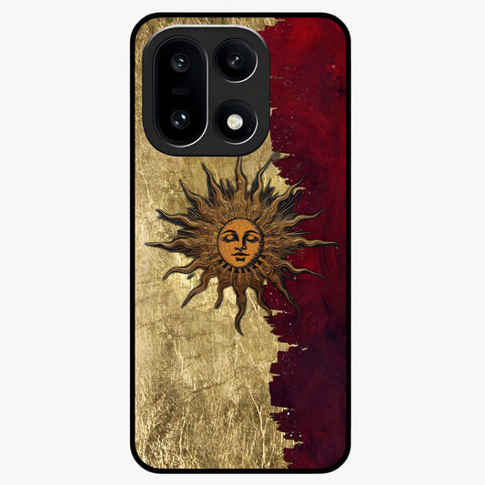 Crimson Sun Majesty Glass Case for 1+15 radiant front view featuring glowing sun artwork in deep red hues