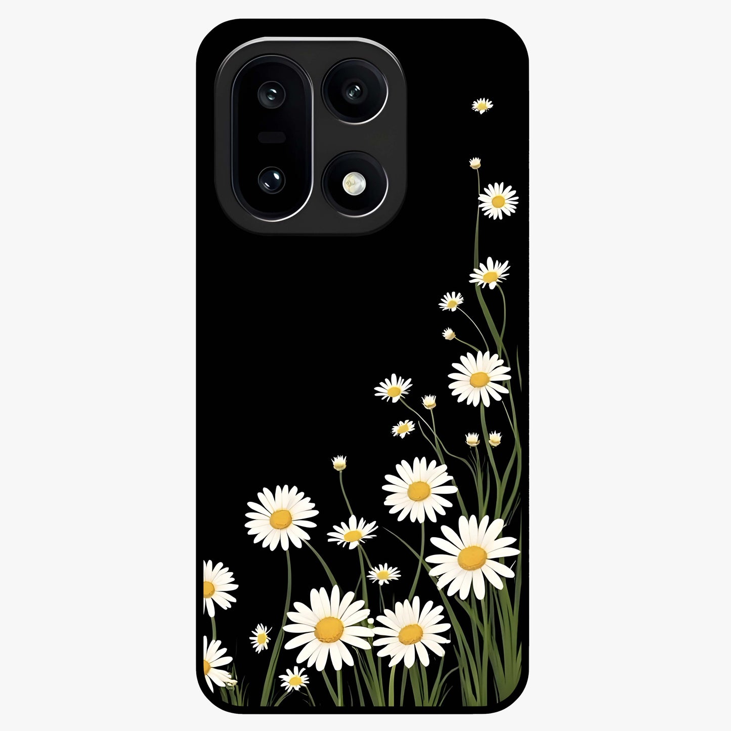 Daisy Cascade on Black Glass Case for 1+15 elegant front view featuring white daisy artwork on deep black background