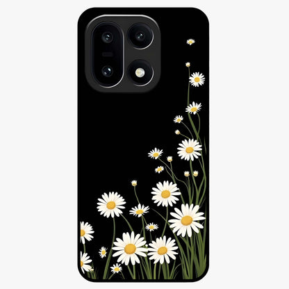 Daisy Cascade on Black Glass Case for 1+15 elegant front view featuring white daisy artwork on deep black background