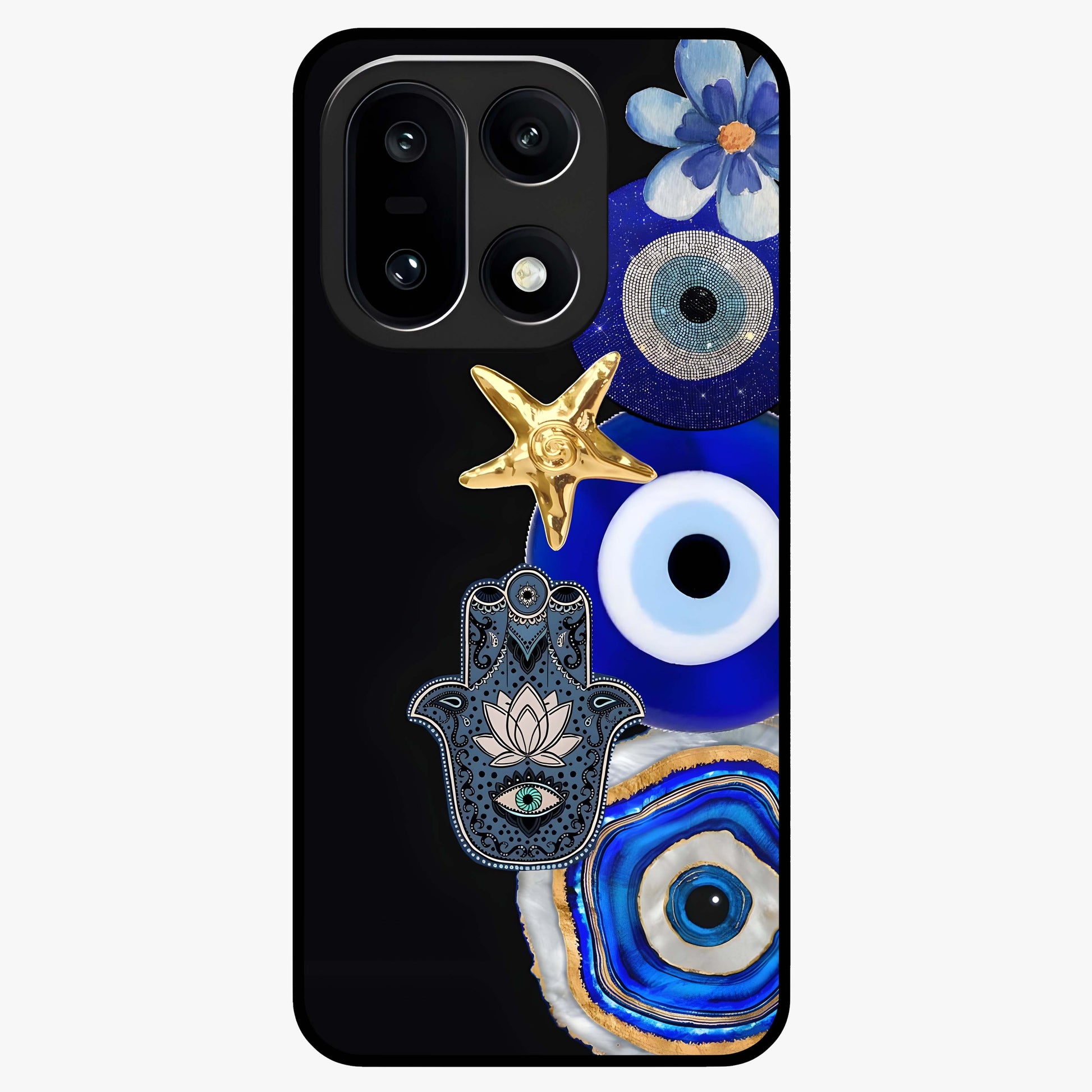 Divine Eye Bloom Glass Case for 1+15 artistic front view featuring floral evil eye inspired artwork