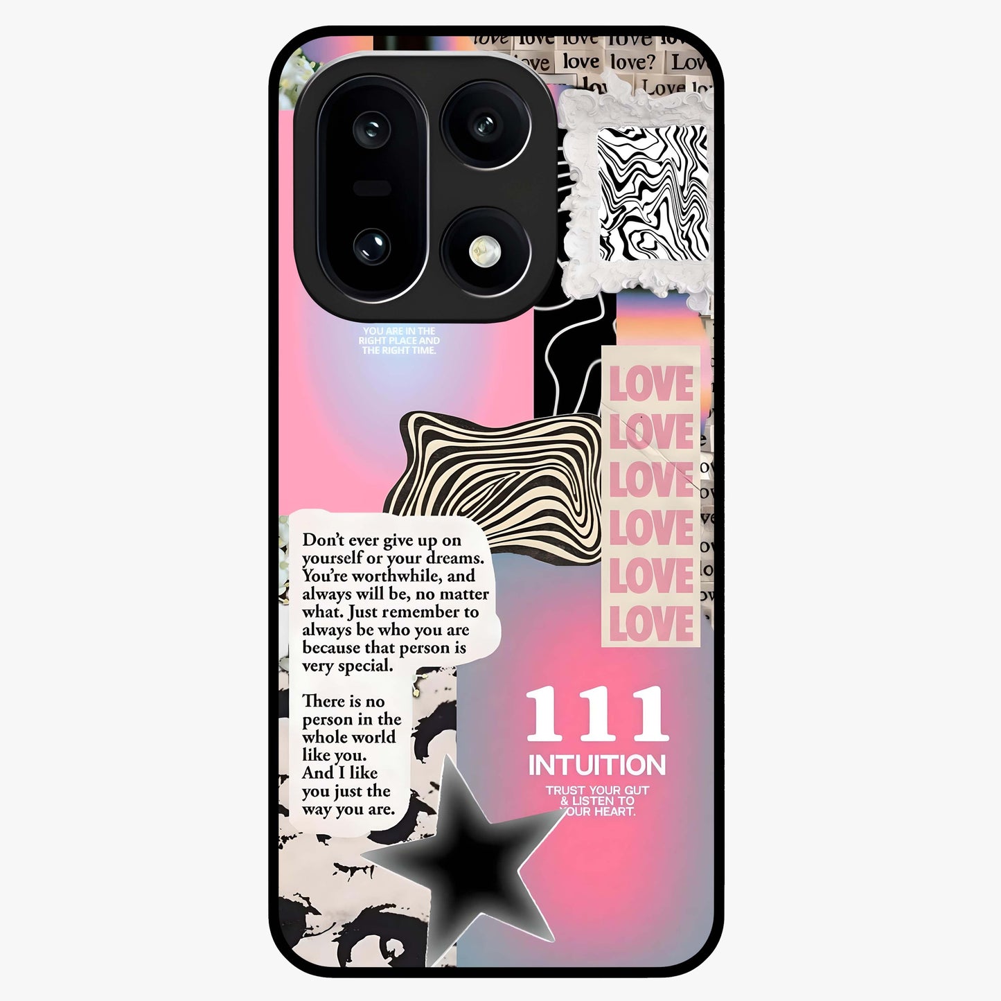 Divine Love Vibes Glass Case for 1+15 soft front view featuring romantic artistic typography design