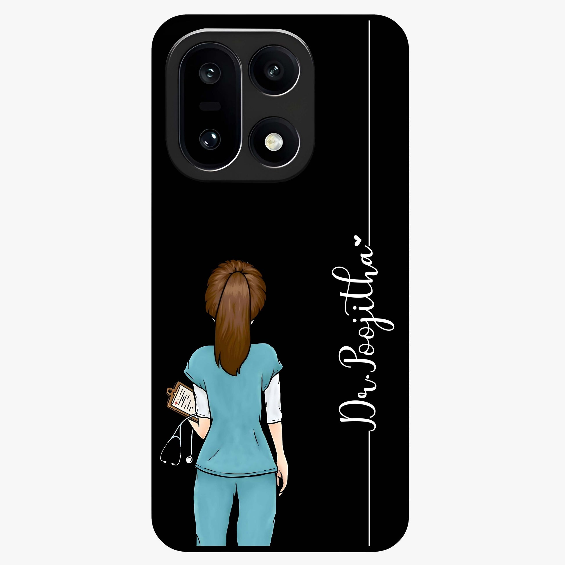 Doctor Pattern Custom Name Glass Case for 1+15 professional front view featuring medical themed artwork with personalized name design