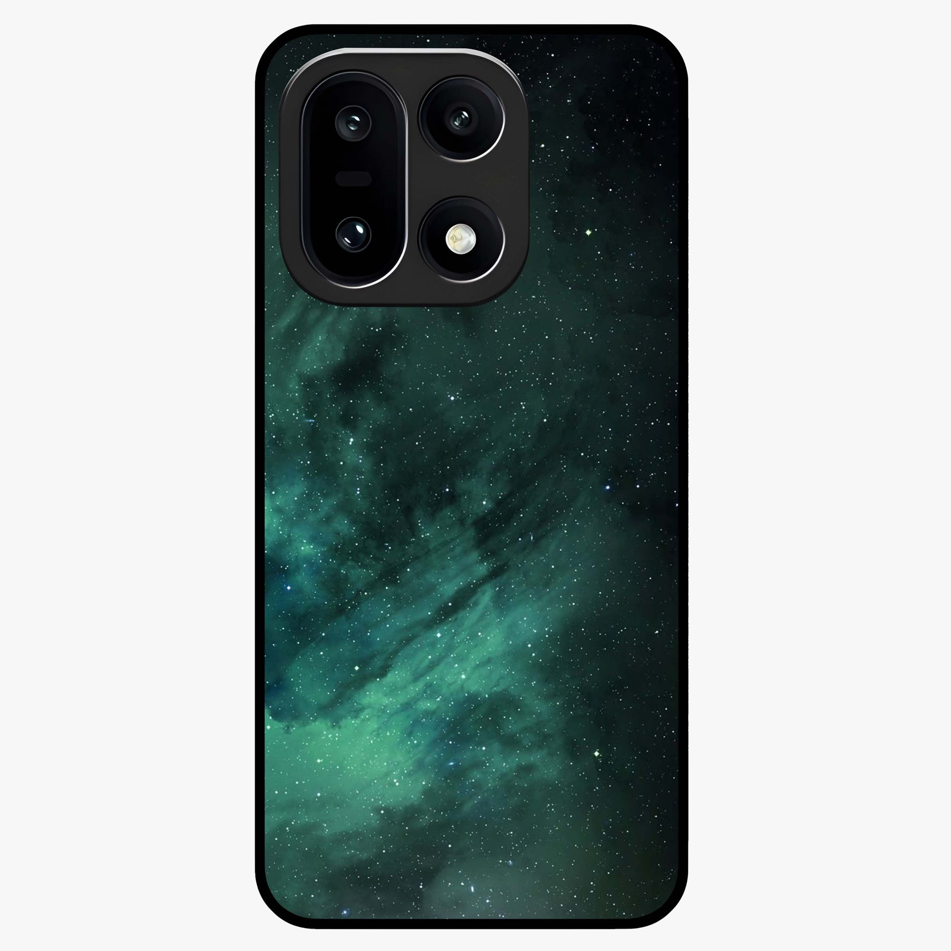 Emerald Green Space Glass Case for 1+15 vibrant front view featuring deep green cosmic inspired artwork