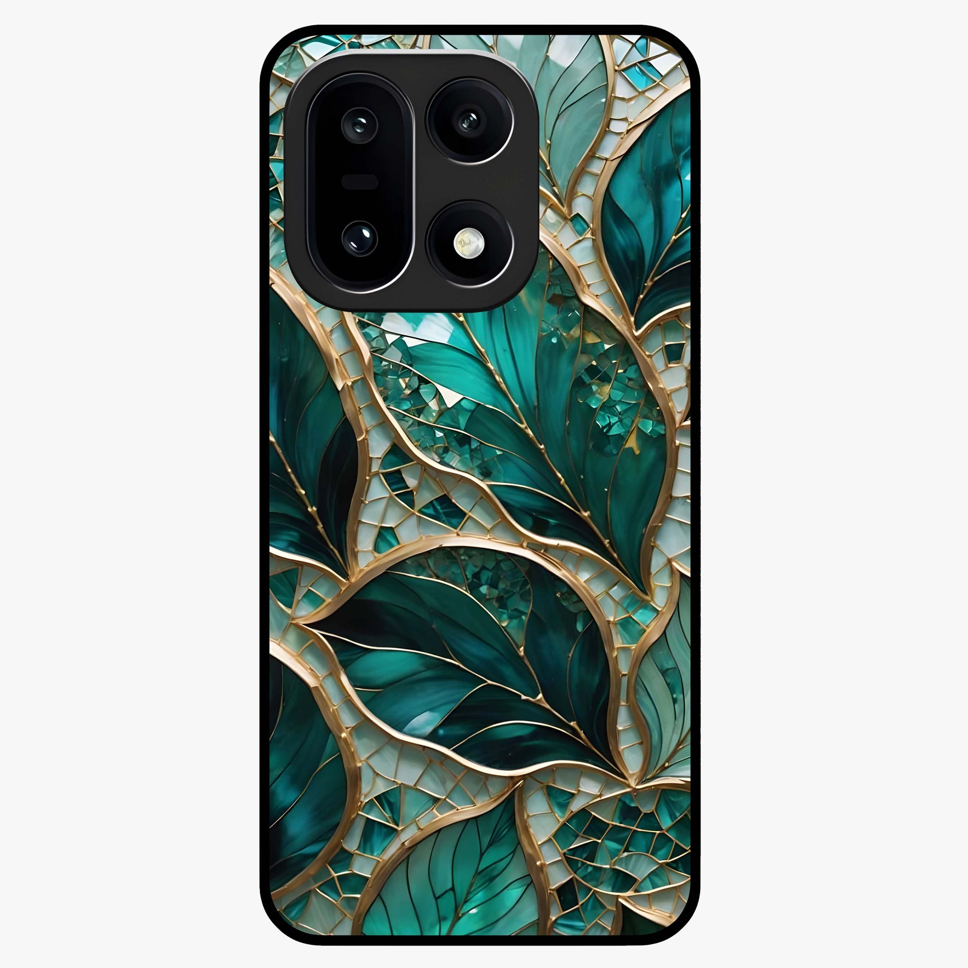 Emerald Leaf Glass Case for 1+15 minimalist front view featuring elegant green leaf artwork