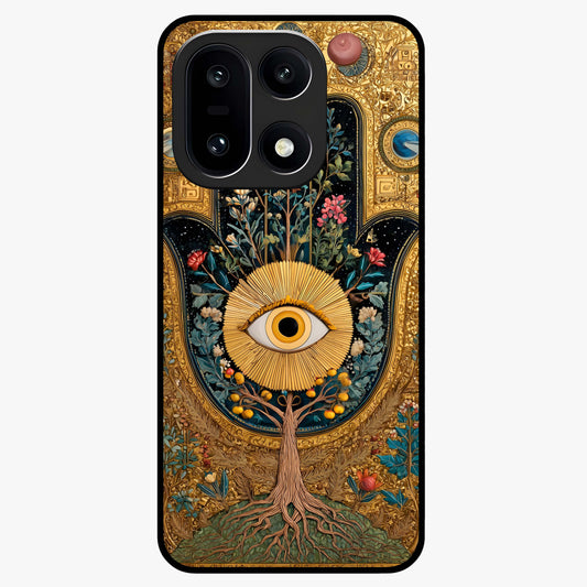 Ethereal Evil Eye Glass Case for 1+15 mystical front view featuring soft glowing evil eye artwork