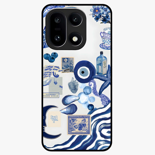 Evil Eye With Blue Themed Collage Glass Case for 1+15 artistic front view featuring blue collage style evil eye artwork