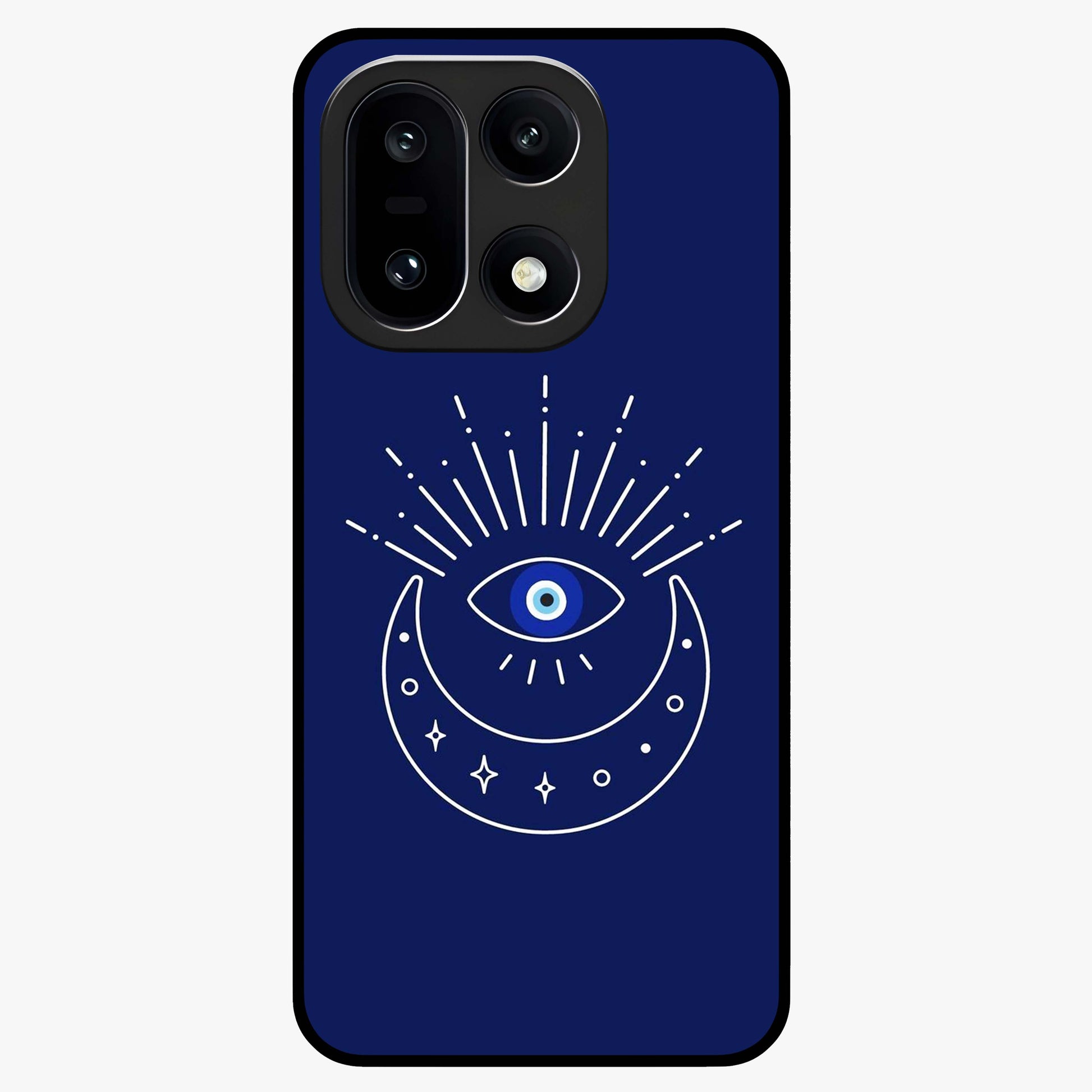 Evil Eyes Dark Blue Glass Case for 1+15 striking front view featuring deep blue evil eye artwork