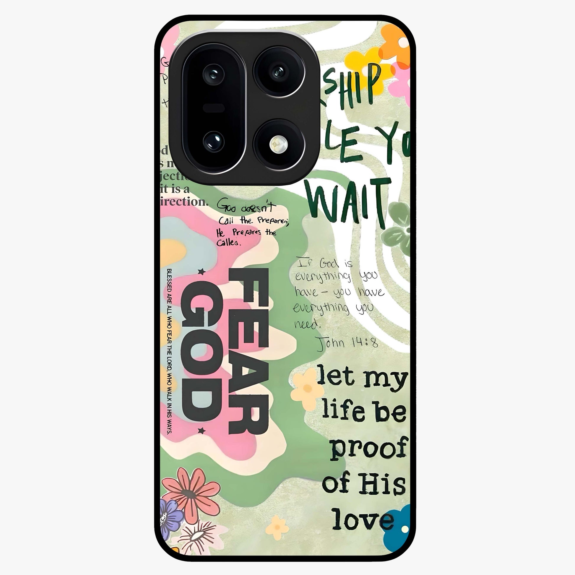Faith Over Fear Glass Case for 1+15 inspirational front view featuring bold motivational typography artwork