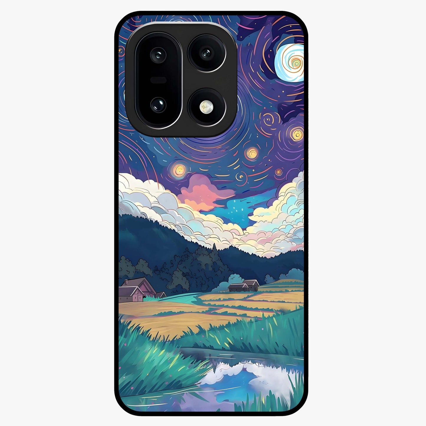 Fields Beneath the Cosmos Glass Case for 1+15 dreamy front view featuring meadow landscape under cosmic sky