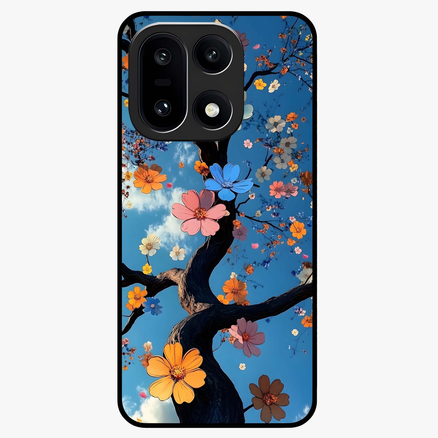 Floral Tree Glass Case for 1+15 elegant front view featuring blooming tree artwork