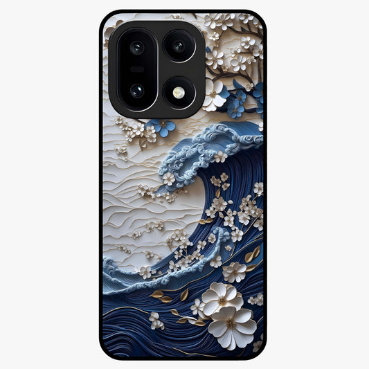Floral Wave Origami Glass Case for 1+15 artistic front view featuring folded origami inspired floral wave artwork
