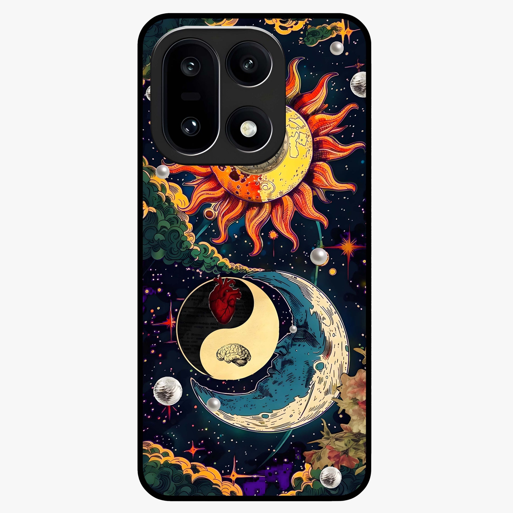 Future Universe Glass Case for 1+15 futuristic front view featuring cosmic inspired abstract artwork