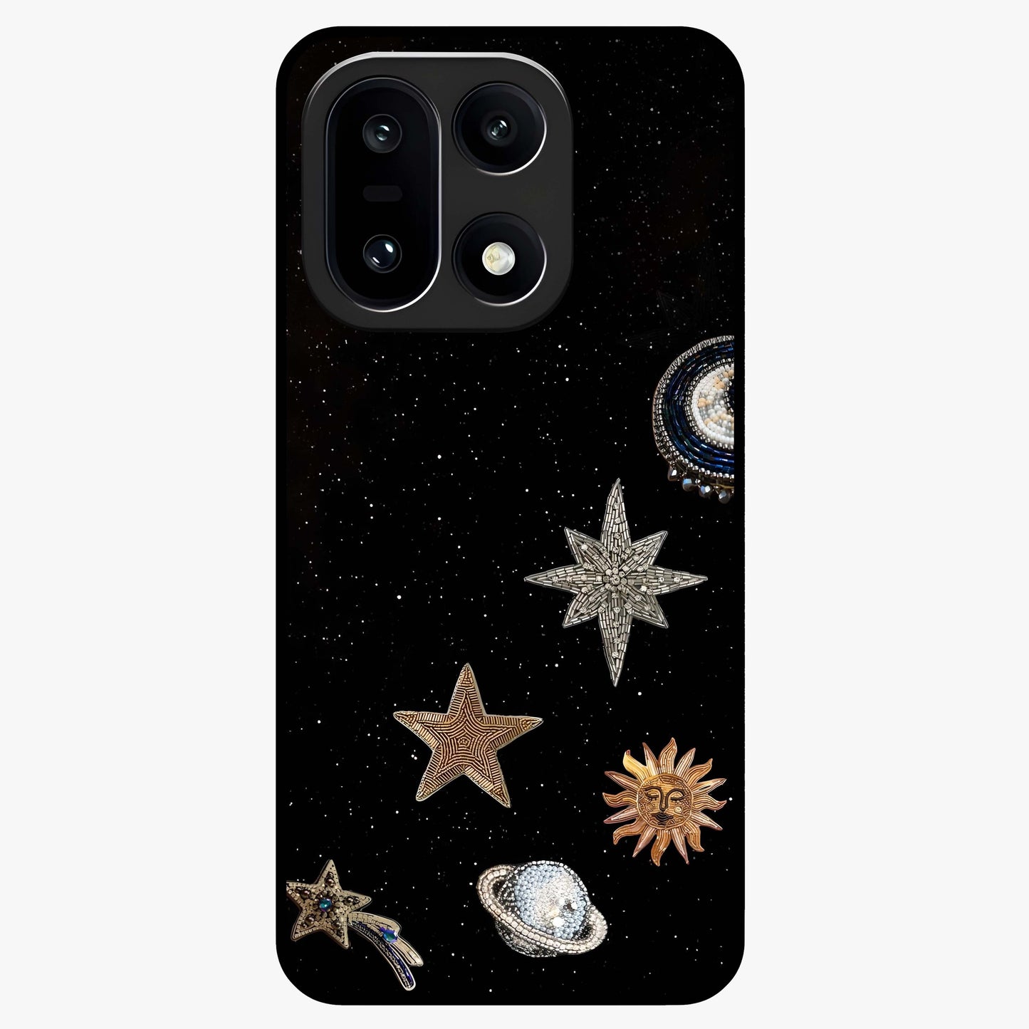 Galactic Charm Glow Glass Case for 1+15 radiant front view featuring glowing cosmic charm artwork
