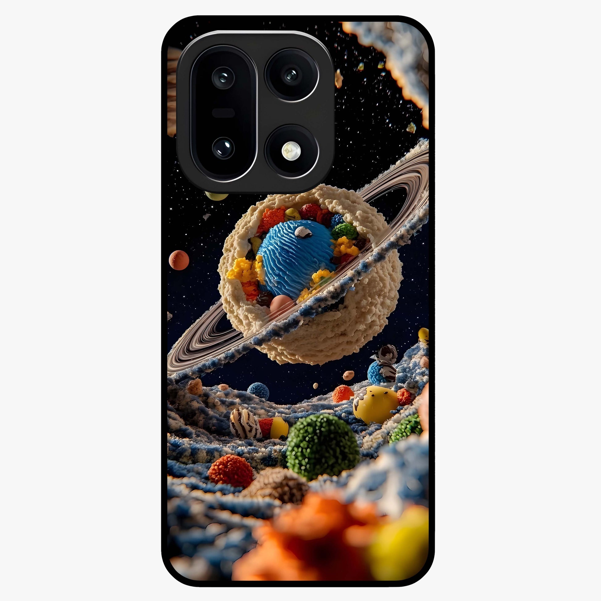Galactic Dessert Dream Printed Glass Case for 1+15 playful front view featuring dessert themed artwork with cosmic twist
