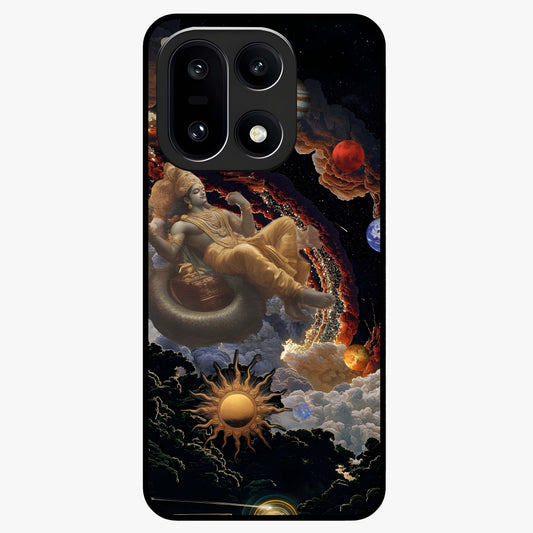 Galactic Divine God Glass Case for 1+15 powerful front view featuring divine artwork blended with cosmic background