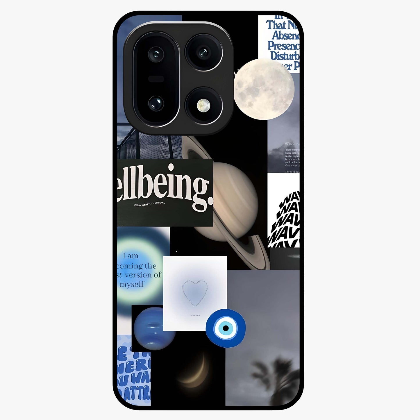 Galactic Energy Collage Glass Case for 1+15 artistic front view featuring layered cosmic collage artwork