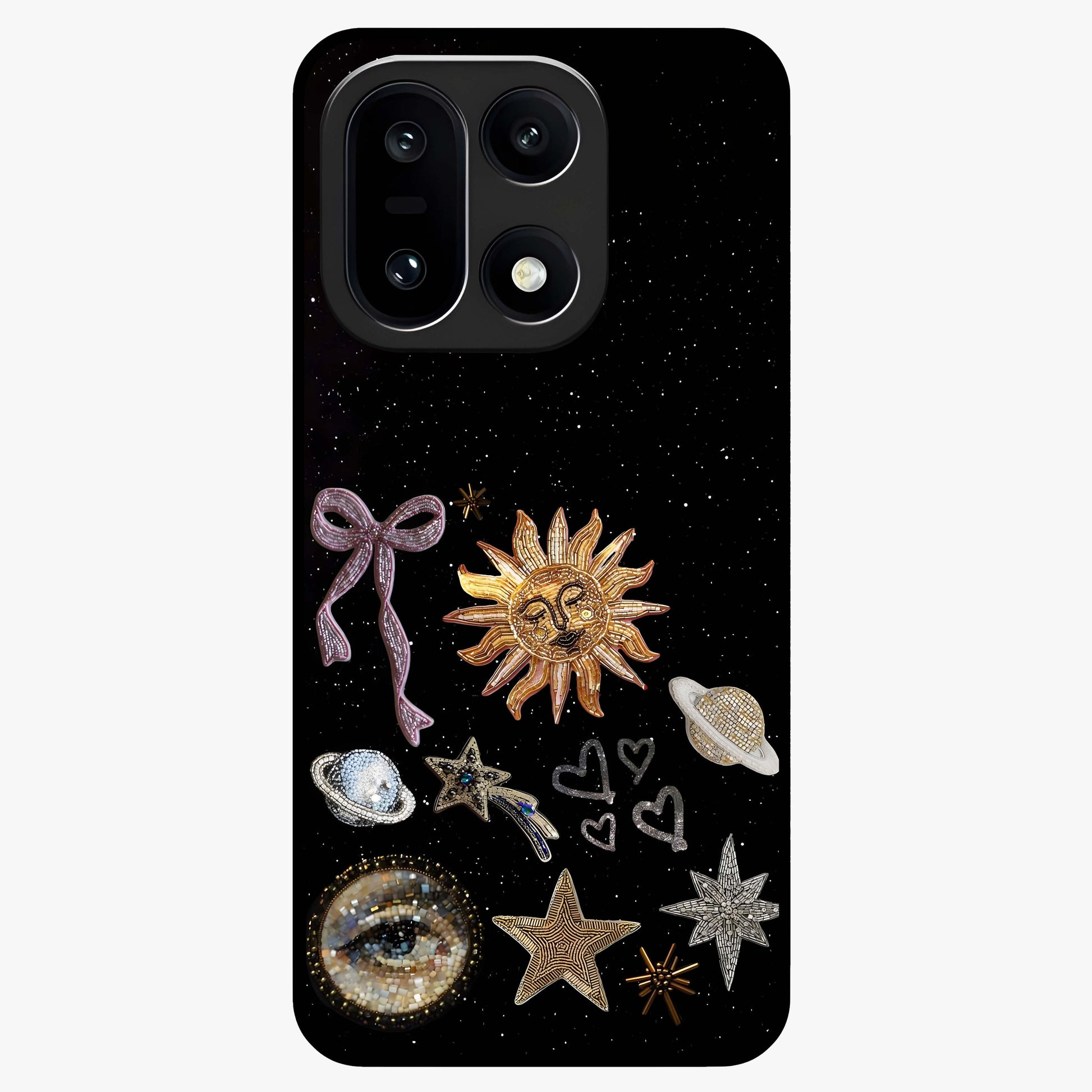 Galactic Sun Charm Glass Case for 1+15 radiant front view featuring celestial sun artwork with cosmic accents