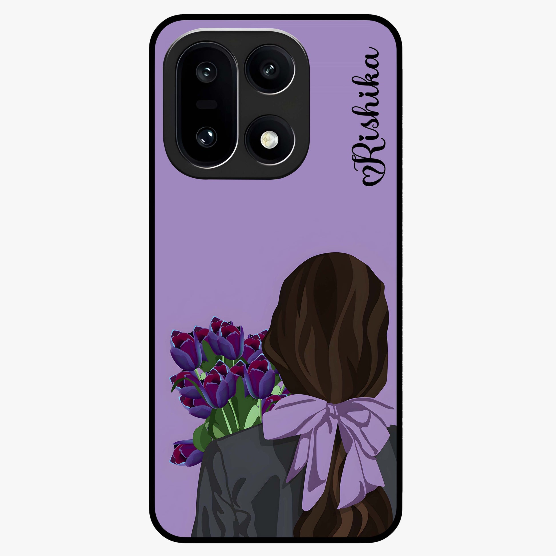 Girl Holding Flowers Glass Case for 1+15 aesthetic front view featuring soft illustrated character with floral bouquet