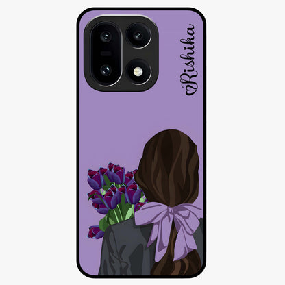Girl Holding Flowers Glass Case for 1+15 aesthetic front view featuring soft illustrated character with floral bouquet