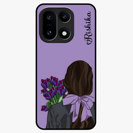Girl Holding Flowers Glass Case for 1+15 aesthetic front view featuring soft illustrated character with floral bouquet