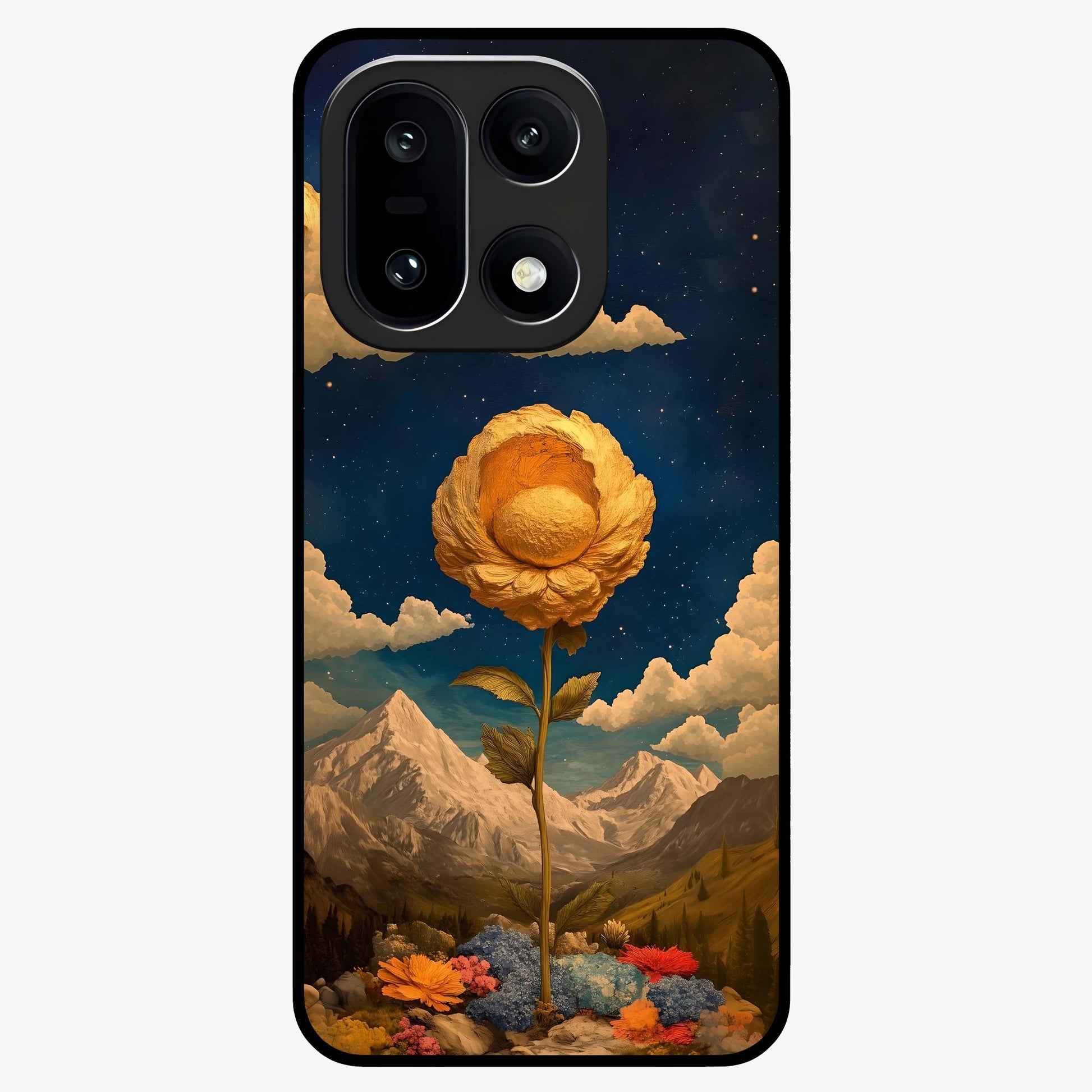 Golden Bloom Night Glass Case for 1+15 elegant front view featuring glowing golden floral artwork on dark background
