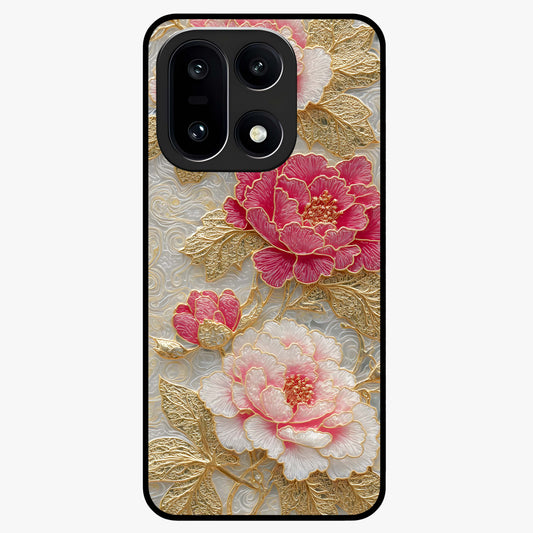 Golden Blossom Elegance Glass Case for 1+15 graceful front view featuring refined golden floral artwork