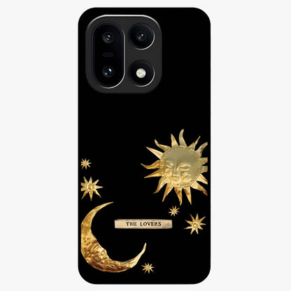 Golden Celestial Charm Glass Case for 1+15 radiant front view featuring celestial artwork with golden accents