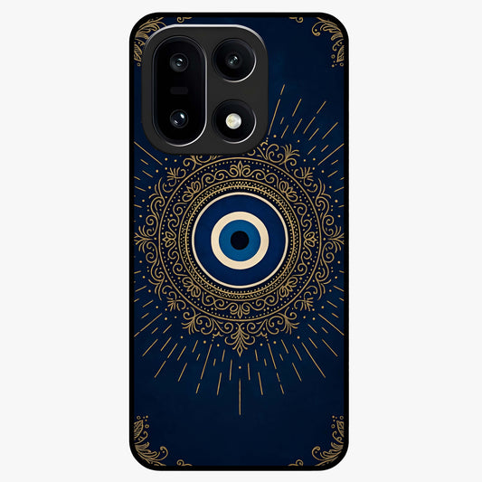 Golden Evil Eye Mandala Glass Case for 1+15 bold front view featuring intricate mandala artwork with golden evil eye