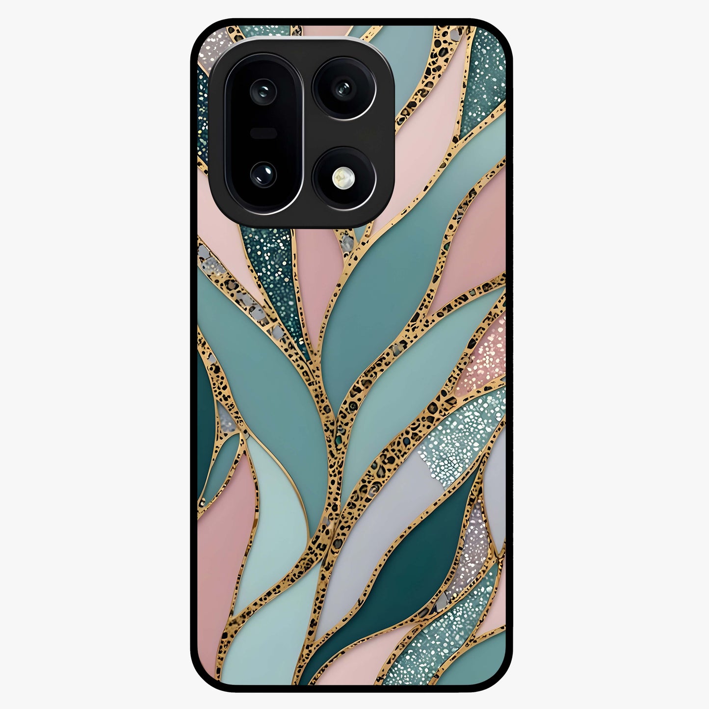 Golden Leaf Dreams Glass Case for 1+15 elegant front view featuring shimmering golden leaf artwork