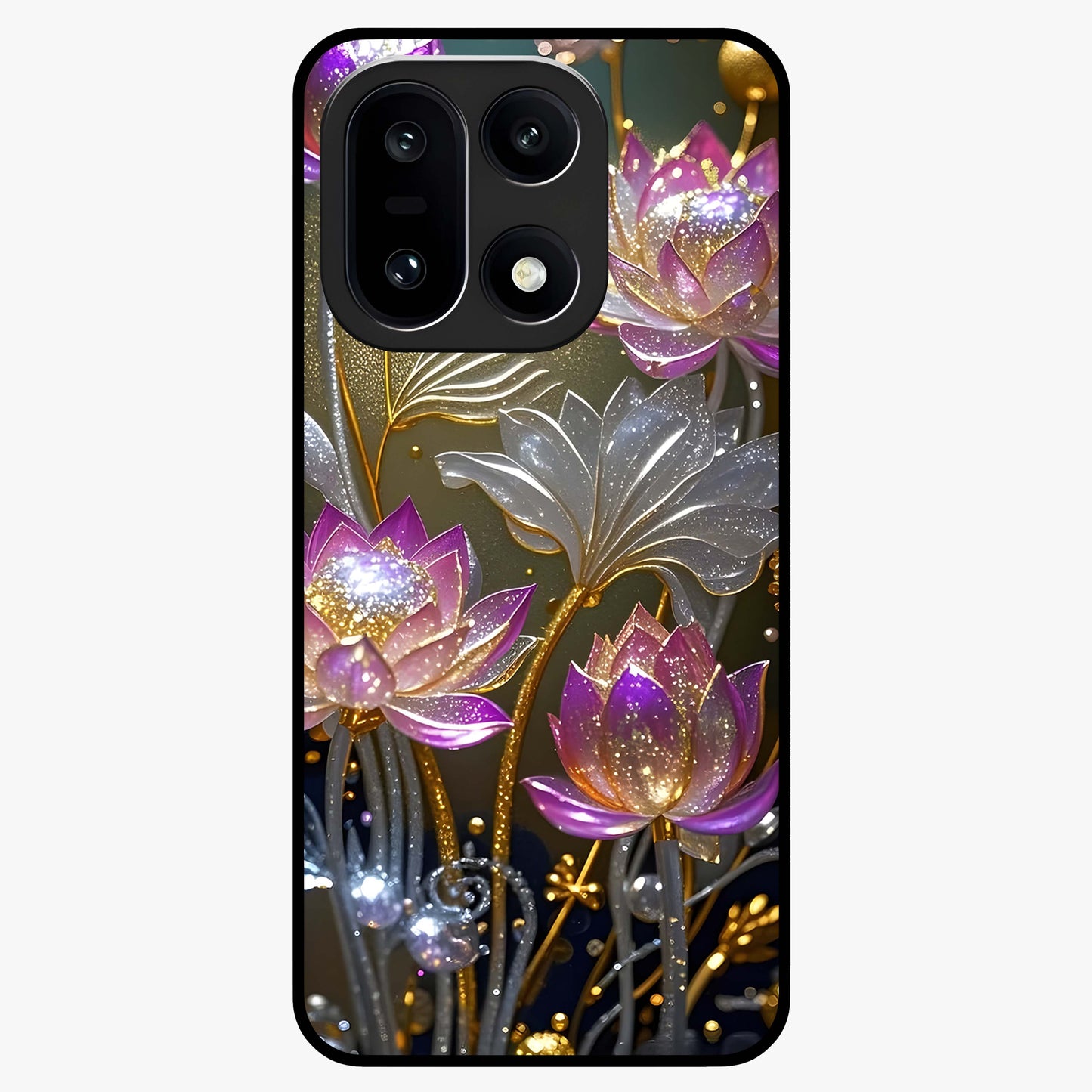 Golden Lotus Glow Glass Case for 1+15 serene front view featuring radiant lotus artwork in golden hues