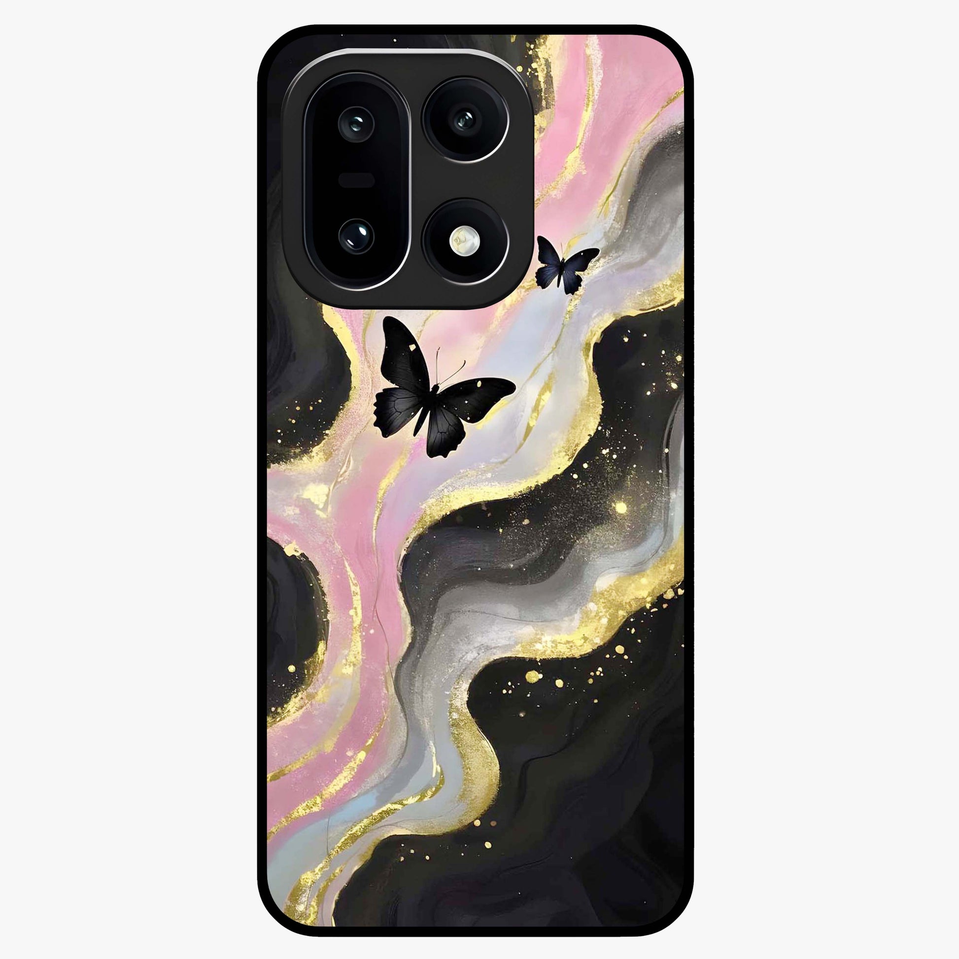 Golden Mist Butterflies Glass Case for 1+15 elegant front view featuring soft golden butterfly artwork with misty tones
