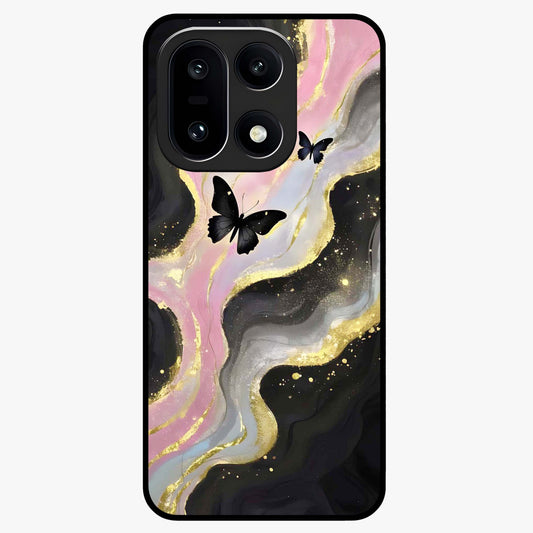 Golden Mist Butterflies Glass Case for 1+15 elegant front view featuring soft golden butterfly artwork with misty tones