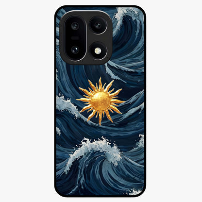 Golden Wave Rise Glass Case for 1+15 dynamic front view featuring flowing wave artwork in golden tones