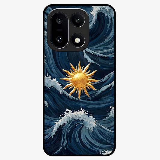 Golden Wave Rise Glass Case for 1+15 dynamic front view featuring flowing wave artwork in golden tones