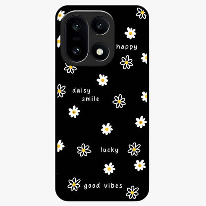 Good Vibes Daisy Black Pattern Glass Case for 1+15 stylish front view featuring white daisy artwork on black background