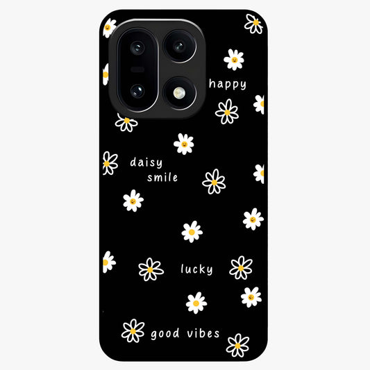 Good Vibes Daisy Black Pattern Glass Case for 1+15 stylish front view featuring white daisy artwork on black background