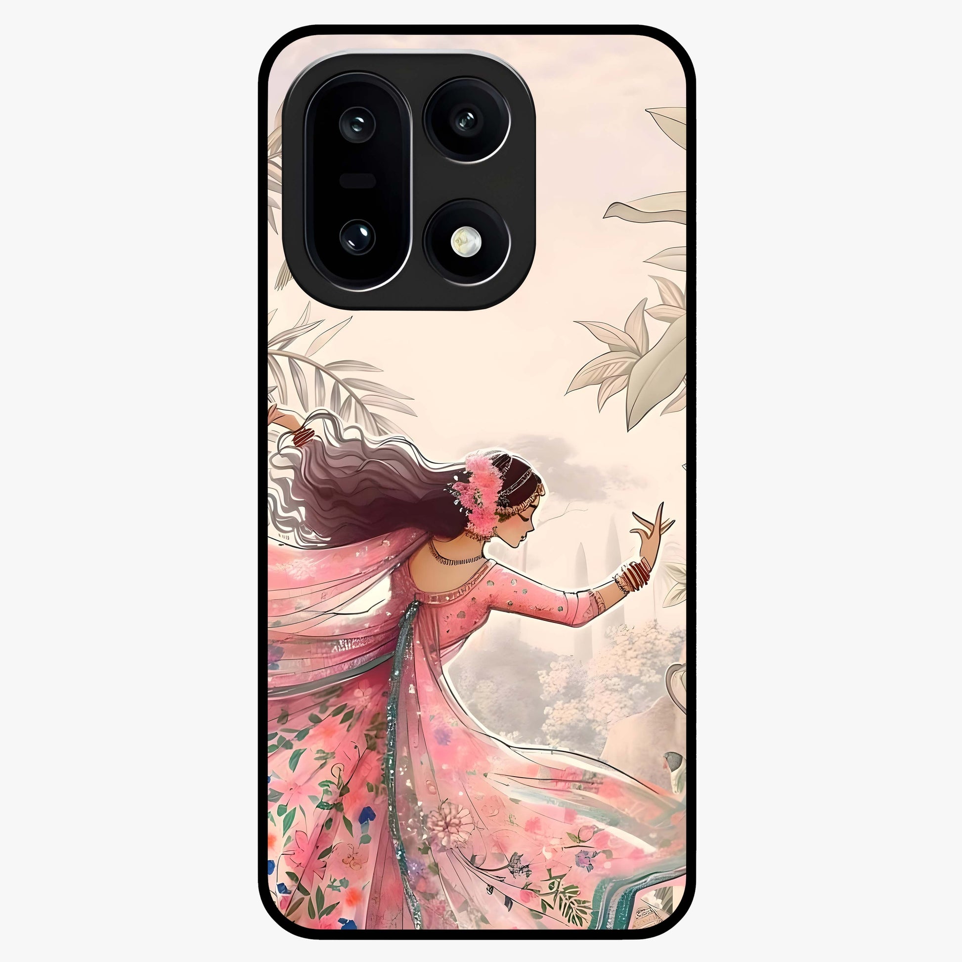 Graceful Garden Rhythm Glass Case for 1+15 elegant front view featuring flowing floral garden artwork