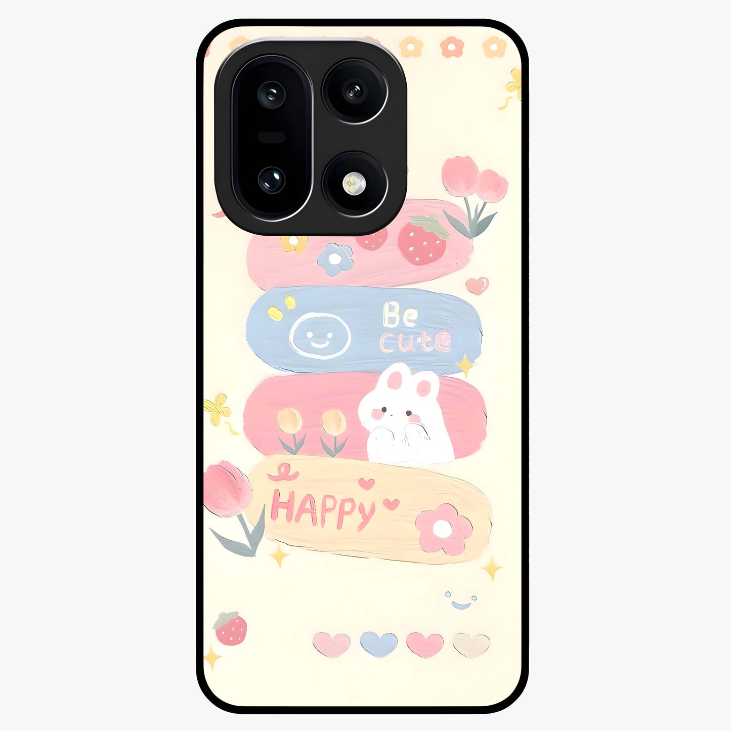 Happy Cute Bunny Glass Case for 1+15 adorable front view featuring playful bunny artwork