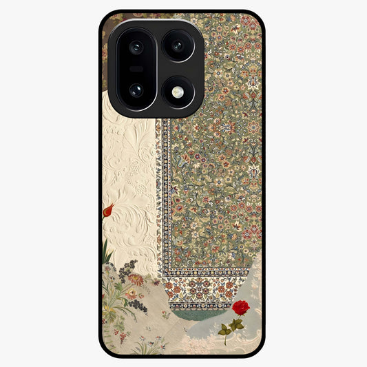 Heritage Textile Layers Glass Case for 1+15 showing full back design in clean flat view with layered textile-inspired artwork and glossy glass finish.