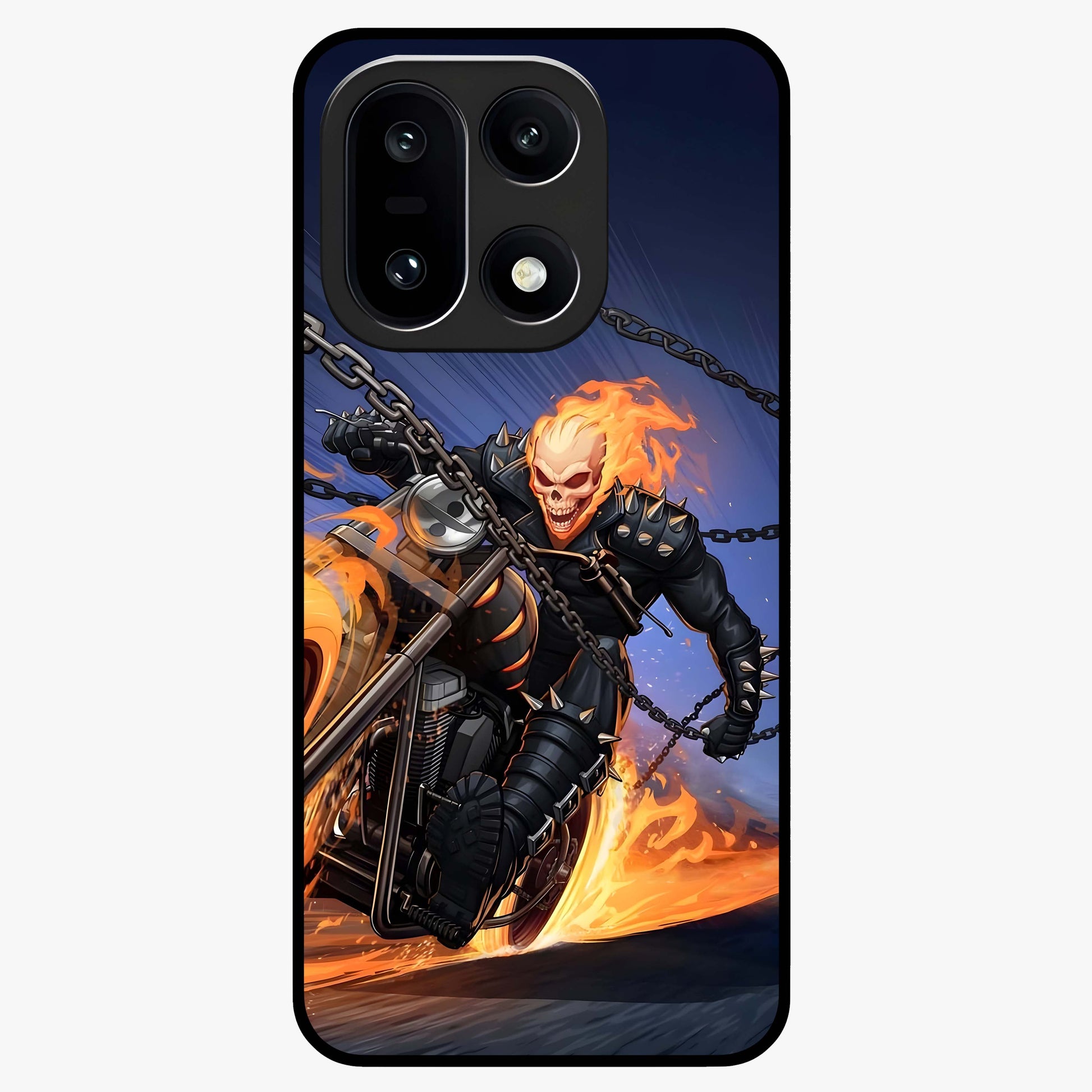 Inferno Chain Rider Glass Case for 1+15 showing full back design in clean flat view with fiery chain rider artwork and glossy glass finish.