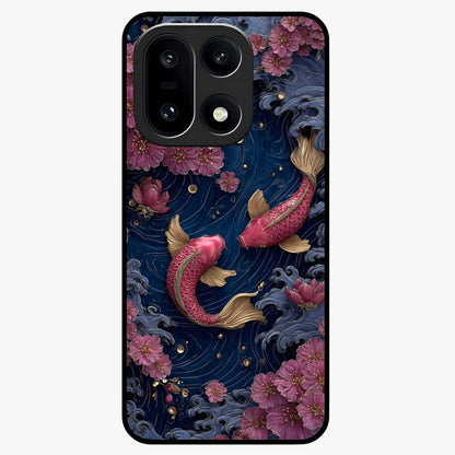 Koi Wave Dance Glass Case for 1+15 artistic front view featuring flowing koi fish artwork with wave patterns