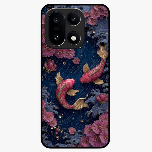 Koi Wave Dance Glass Case for 1+15 artistic front view featuring flowing koi fish artwork with wave patterns