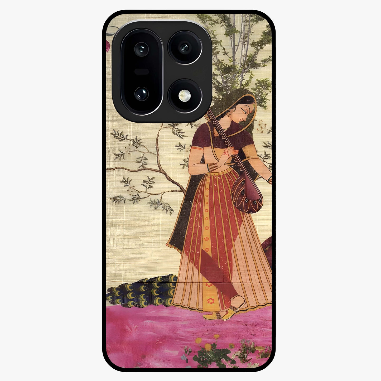 Lady With Veena Art Glass Case for 1+15 elegant front view featuring classical musical inspired artwork