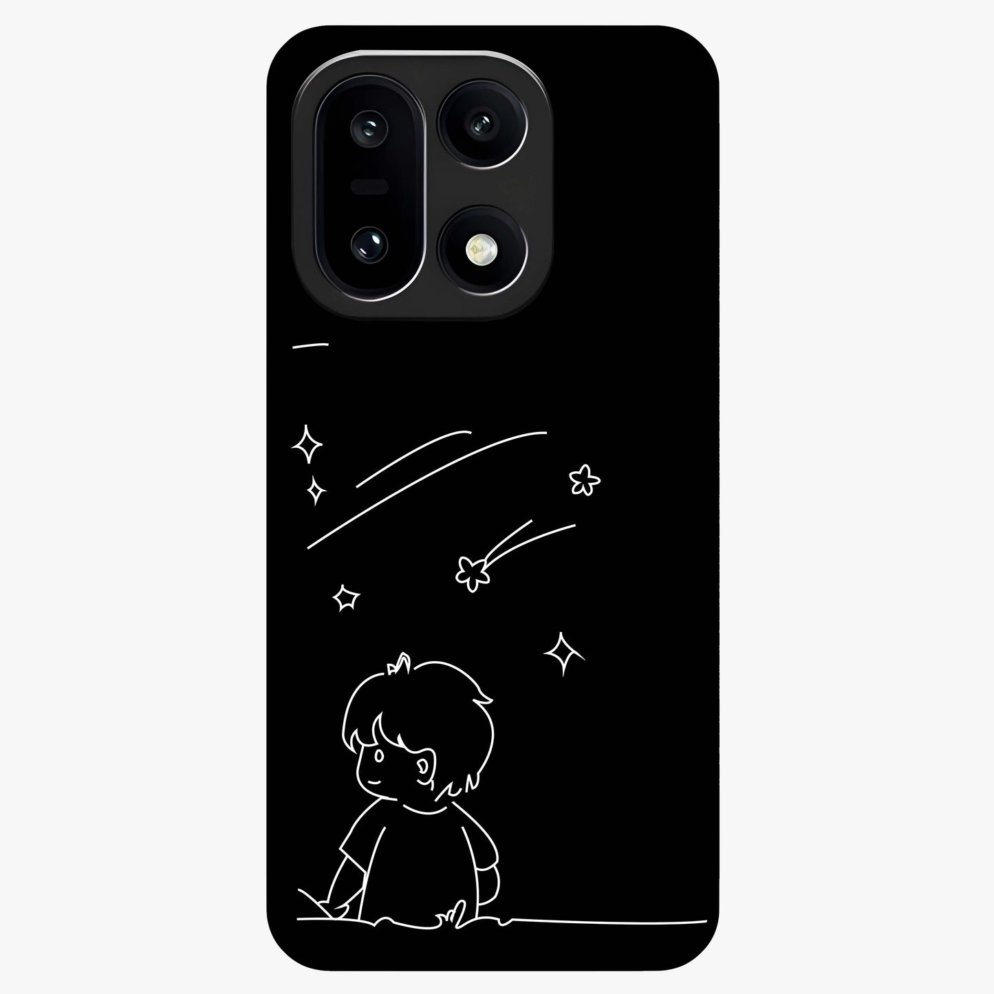 Line Art Boy With Shooting Stars Glass Case for 1+15 artistic front view featuring minimal line art character with star accents