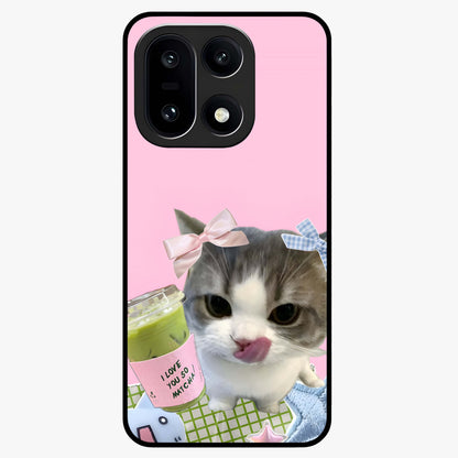 Love Matcha Cat Glass Case for 1+15 adorable front view featuring cute cat artwork with matcha theme