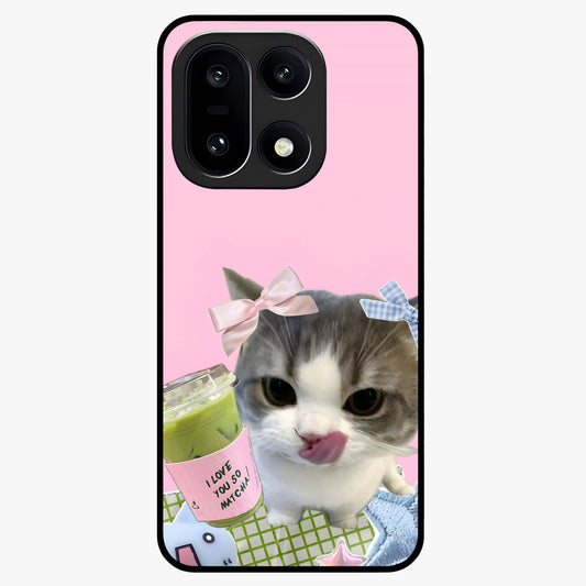 Love Matcha Cat Glass Case for 1+15 adorable front view featuring cute cat artwork with matcha theme