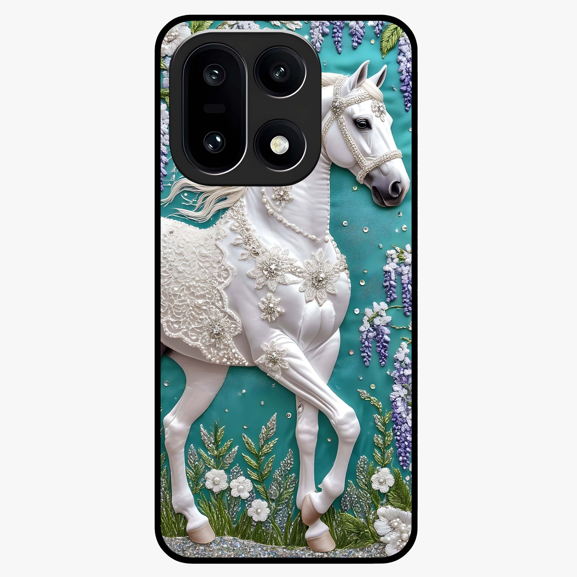 Majestic Floral Stallion Glass Case for 1+15 powerful front view featuring horse artwork blended with floral detailing