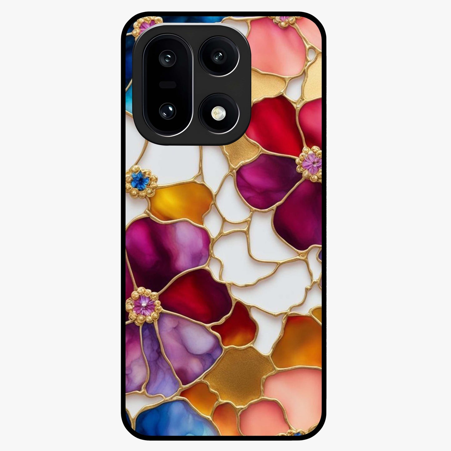 Marble Flower Pattern Glass Case for 1+15 stylish front view featuring floral artwork blended with marble texture