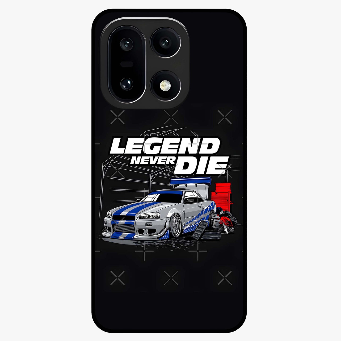 Midnight Racing Legacy Glass Case for 1+15 bold front view featuring racing inspired artwork in dark tones